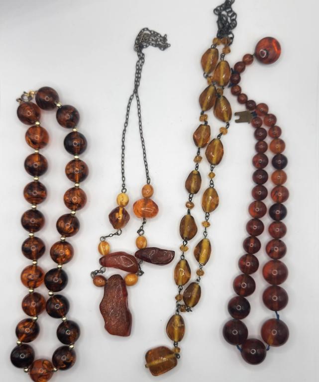 4-VINTAGE BROWN BEADED NECKLACES-BAKELITE: LUCITE-STONES-DIFF LENGTHS/STYLES (SEE PICTURES)