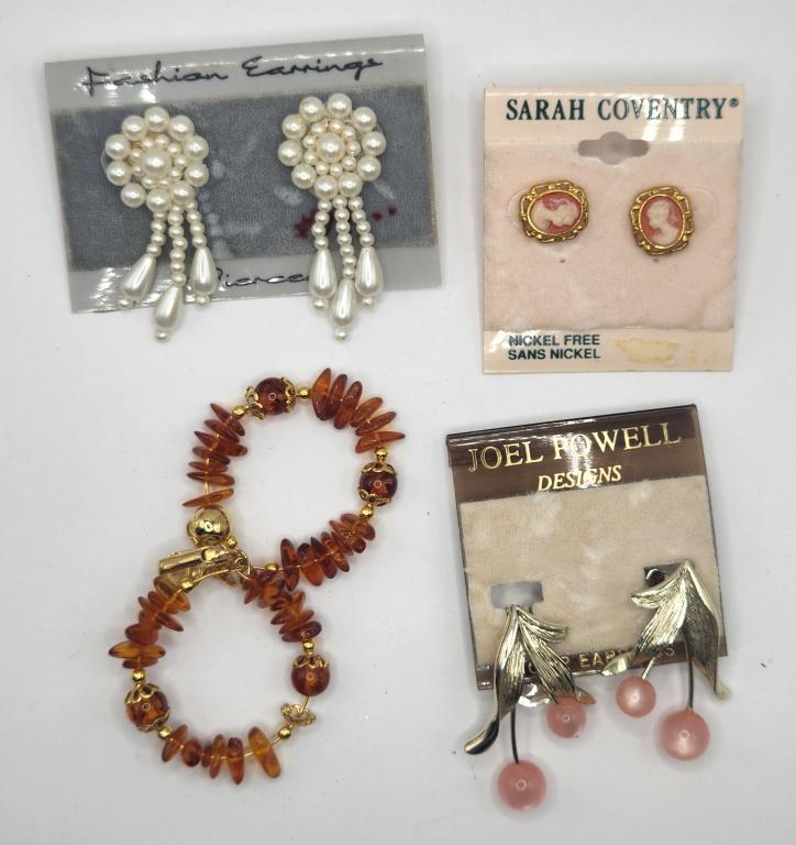 4-VINTAGE CLIP ON/PIERCED EARRINGS: (1)SARAH COVENTRY PIERCED (1)FAUX PEARLS (1)PINK LUCITE (1)ORANGE BEAD HOOPS