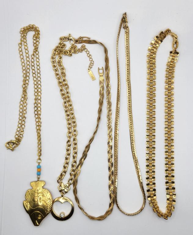 5-VINTAGE GOLD TONED NECKLACES/CHAINS: NAPIER-MONET-(1)WITH FISH PENDANT-DIFF LENGTHS (SEE PICTURES)