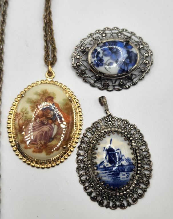 VINTAGE VICTORIAN JEWLERY LOT: (2)PENDANTS: (1)BROOCH-COMES WITH (1)CHAIN-ENAMEL DESIGN