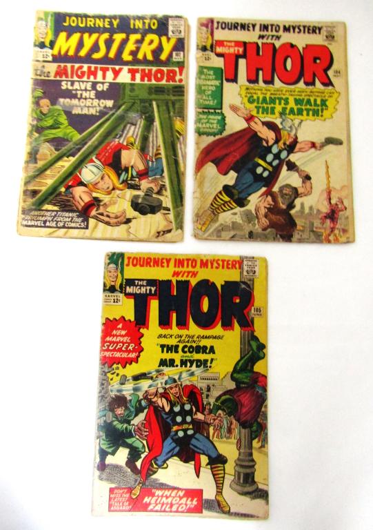 (3) JOURNEY INTO MYSTERY THE MIGHTY THOR: 1964 #102 & #104 LOW GRADE with TAPE & EXTRA STAPLES - COMPLETE ISSUES plus #105 VG CONDITION (1) EXTRA STAPLE