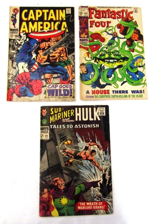(3) MARVEL 12c COMICS - 1968 #106 CAPT AMERICA: 1969 #33 FANTASTIC FOUR & 1966 #86 TALES TO ASTONISH - CAPT. AMERICAN NICE FINE - REST VG