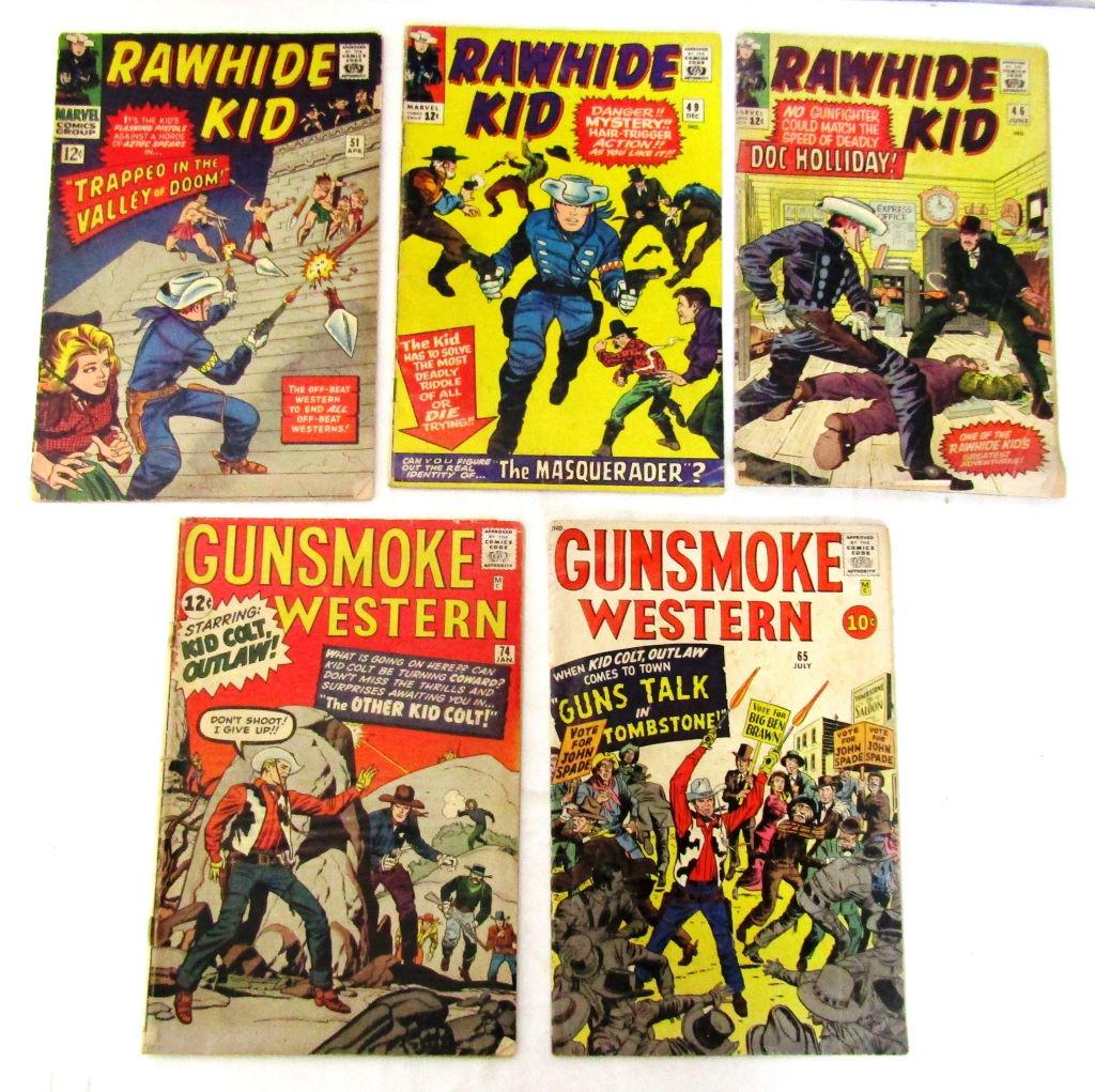 GUNSMOKE WESTERN & RAWHIDE KID LOT: MARVEL 12c RAWHIDE #46, 49, 51 plus GUNSMOKE WESTERN #65 & #74 - AVG CONDITION / LOWER GRADE