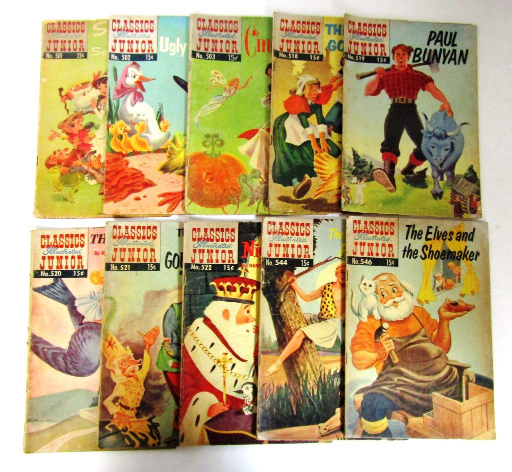 (10) Classics Junior Illustrated Fairytale Comics: Snow white and the seven dwarfs, The Ugly Duckling, Cinderella, The Golden Goose, Paul Bunyan, Thumbelina, The king of the golden river, The Nightingale, The Golden Fleece, The Elves and the shoemaker