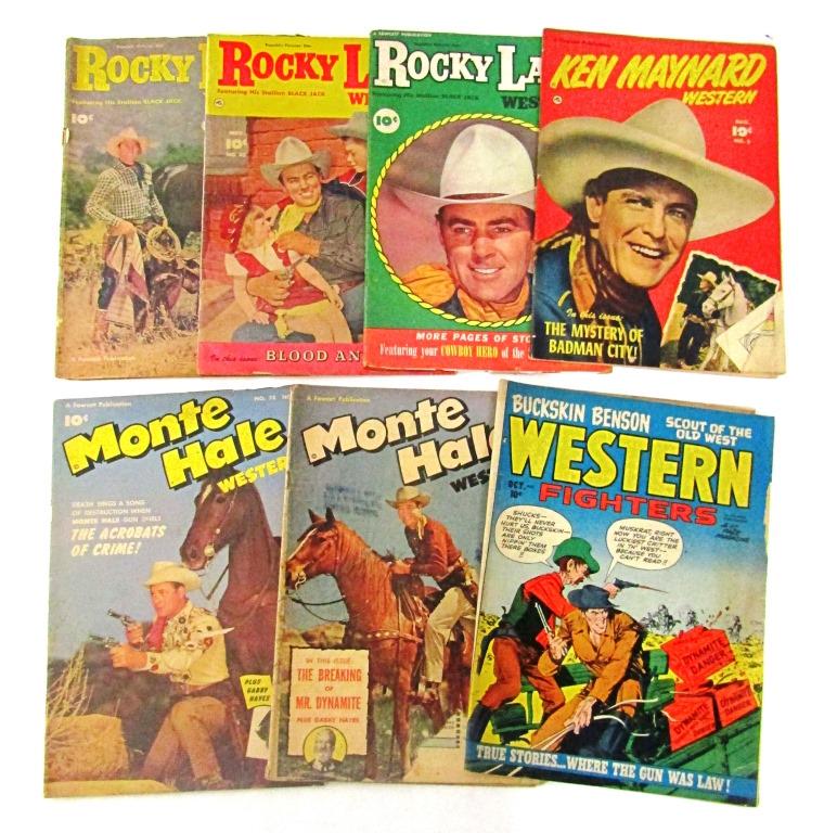 (7) GOLDEN AGE WESTERN COMICS -ROCKY LANE,: KEN MAYNARD, MONTE HALE, WESTERN FIGHTERS - ALL AVG CONDITION - (MONTE HALE #66 COVER TORN)