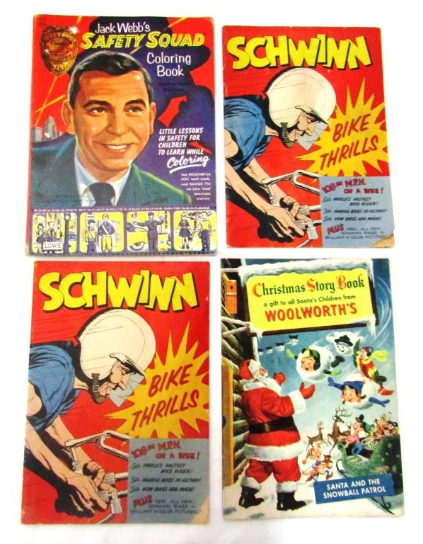 ADVERTISING COMIC VTG LOT - WOOLWORTH'S: CHRISTMAS STORY BOOK 1953; (2) SCHWINN BIKE THRILLS 1950's; JACK WEBB's SAFETY SQUAD COLORING BOOK 1956 UNCOLORED VERY NICE CONDITION - DRAGNET COLORING BOOK!