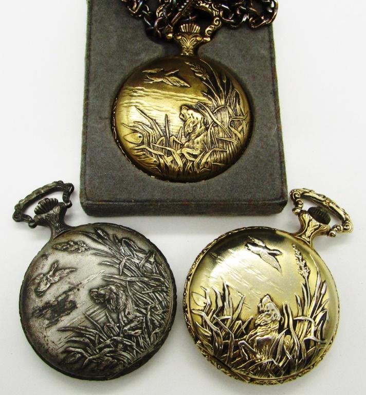 (3) HUNTING THEME POCKET WATCHES - QUARTZ: (2) MAJESTRON with (1) in ORIGINAL BOX plus (1) ARMITRON - ALL NEED BATTERIES - UNTESTED LOT