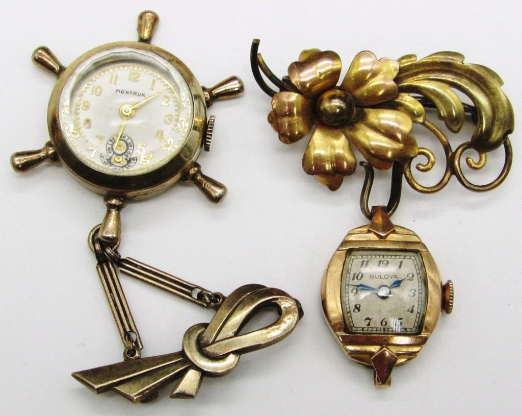 (2) VTG LADIES PIN WATCHES - BULOVA &: MONTUAK (NATICAL STYLE running) - BULOVA NOT RUNNING
