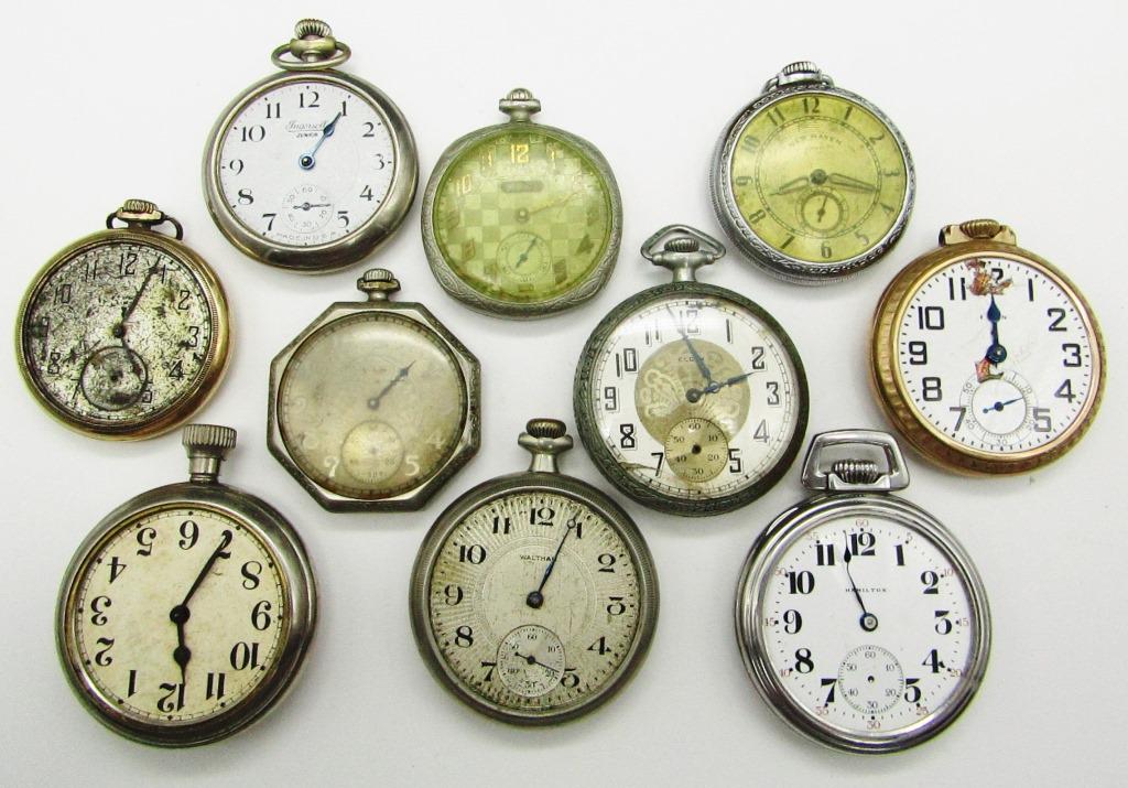 (10) PARTS / REPAIR VTG POCKET WATCH LOT: WALTHAM, ELGIN, HAMILTON, INGERSOLL, NEW HAVEN