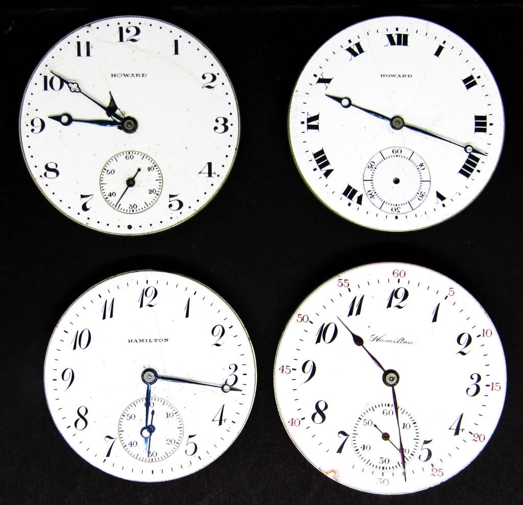 (4) WATCH MOVEMENTS - (2) HAMILTON, (2): HOWARD - UNTESTED for PARTS / REPAIR