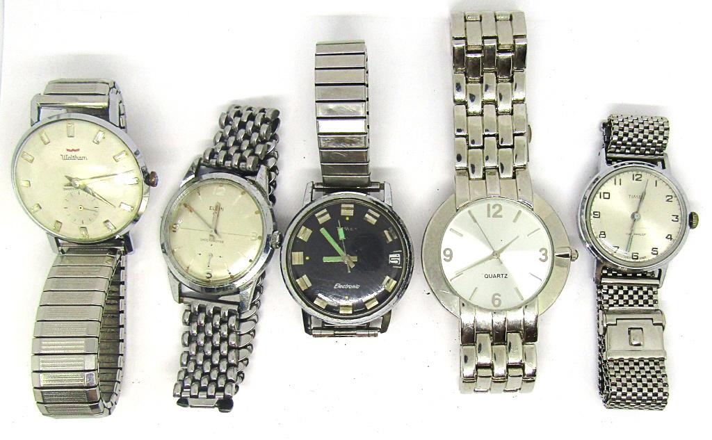 (5) MENS WATCHES - WALTHAM, ELGIN, TIMEX,: TIMEX ELETRONIC, QUARTZ CHINA - ALL UNTESTED AS TO WORKING CONDITION