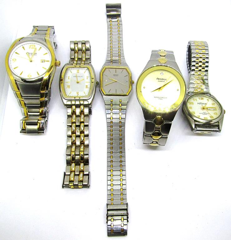 (5) MENS SILVER / GOLD TONED DRESS WATCHES: SEIKO (running), PERRY ELLIS, CARAVELLE, HITIME, ARMITRON - OVERALL NICE CONDITION - UNTESTED AS TO WORKING CONDITION