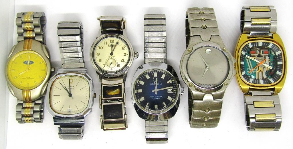 (6) VTG MENS WRIST WATCHES - MOVADO,: GRUEN, BULOVA, TIMEX, FORD, WALTHAM - UNTESTED AS TO WORKING CONDITION