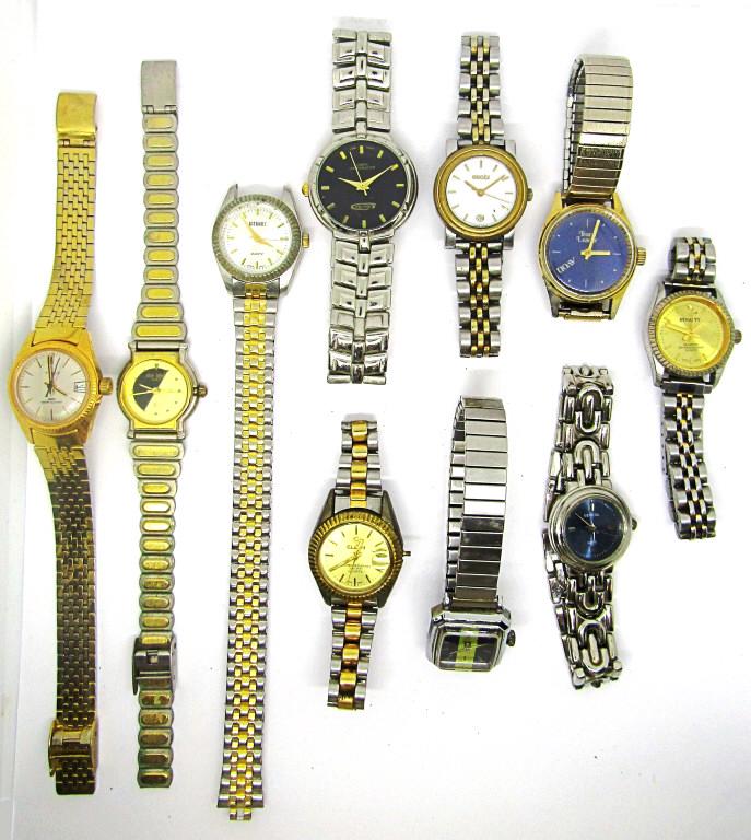 (10) LADIES WATCH LOT - ELGIN, GUCCI, DYNASTY,: GENEVA, TIMEX, PIERRE BIDEAUX, GITANO, AVON TEAM LEADER, MARCO MAX, Q&Q - UNTESTED AS TO WORKING CONDITION