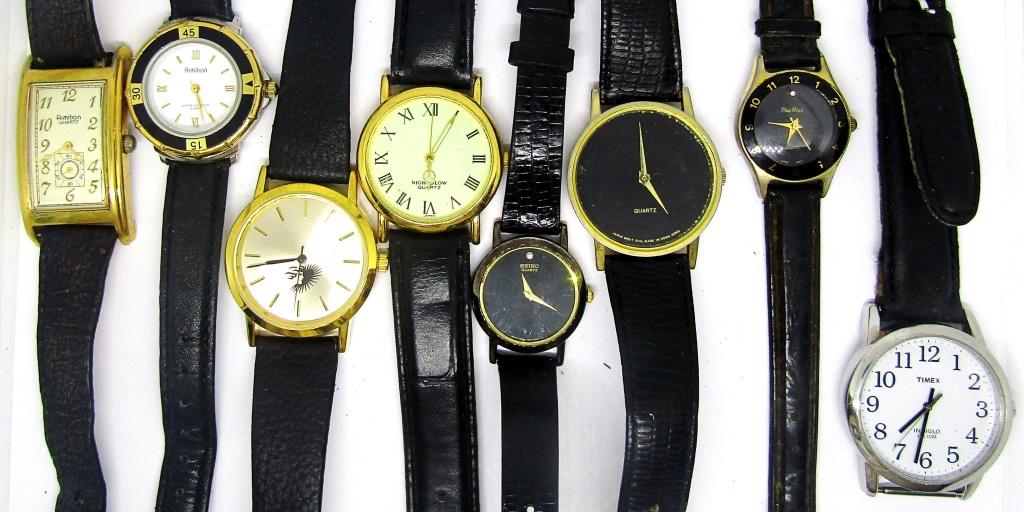 (8) BLACK BAND WRIST WATCH LOT - ARMITRON: SEIKO, NIGHTGLOW & MORE - UNTESTED AS TO WORKING CONDITION