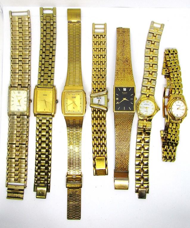 (7) GOLD TONED WRIST WATCHES - ELGIN DIAMOND,: BULOVA, GIOGIO, CITIZEN, NOW, SIKO, ACCUTRON - UNTESTED AS TO WORKING CONDITION