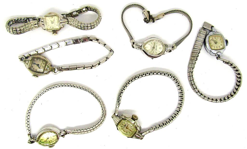 (6) SILVER TONED VTG LADIES WATCHES: ELGIN, LADY NELSON, BULOVA, MARTINA, TIMEX, BULOVA - UNTESTED AS TO WORKING CONDITION