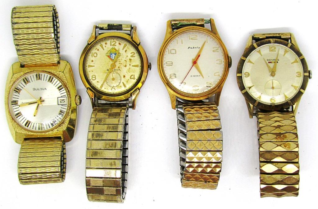 (4) MENS VINTAGE WRIST WATCHES: BULOVA KofC, BENRUS, RAKETA, BULOVA - UNTESTED