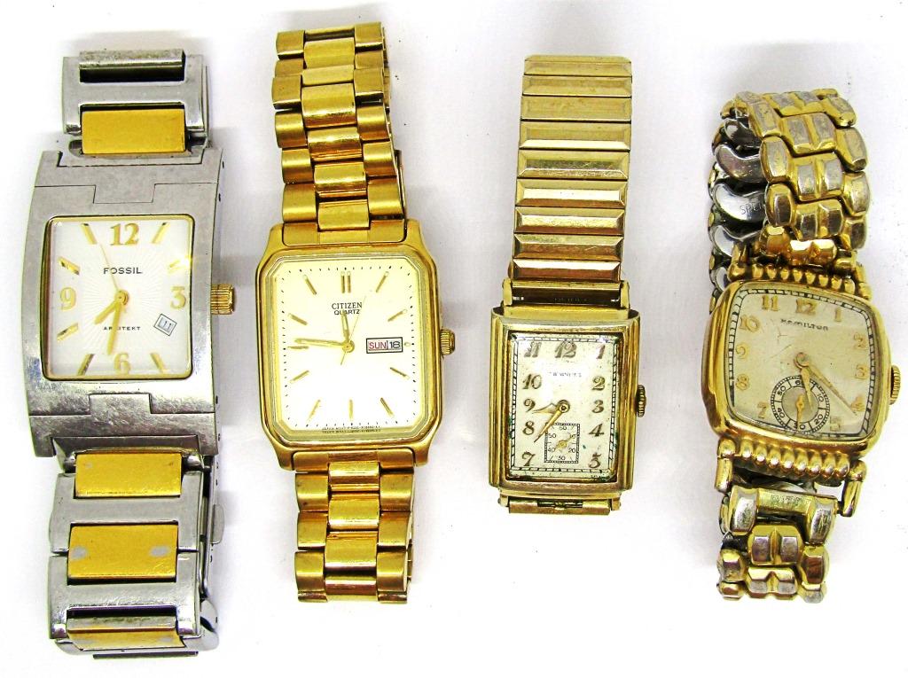 (4) MENS VINTAGE WRIST WATCHES: TAVANNES, FOSSIL, CITIZEN, HAMILTON - UNTESTED