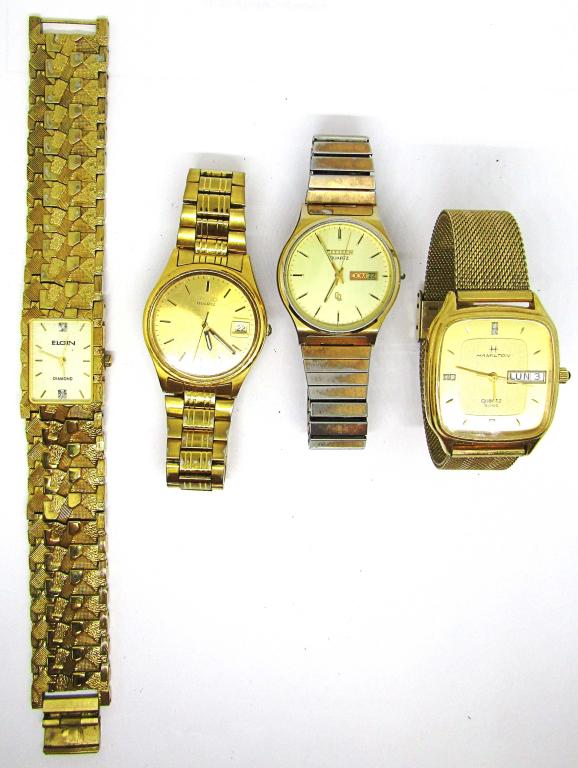 (4) MENS VINTAGE WRIST WATCHES: HAMILTON, SEIKO, CITIZEN, ELGIN - UNTESTED