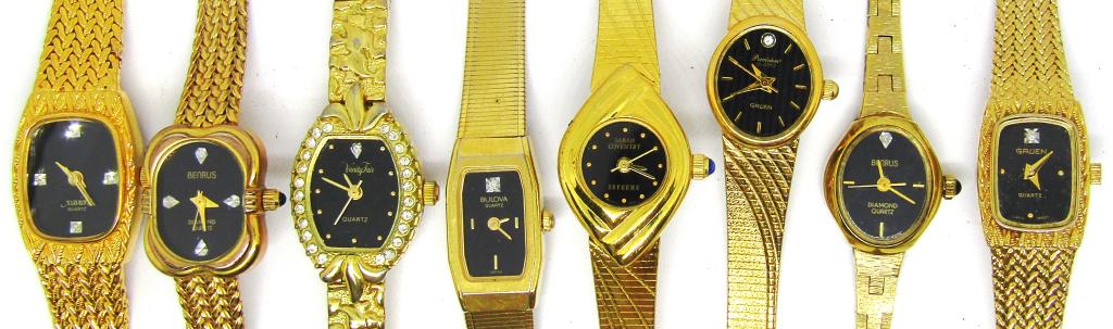 (8) LADIES DRESS WATCHES GOLD TONED: GRUEN, SARAH COVENTRY, BENRUS, BULOVA, XAVIER, VANITY FAIR, BENRUS - UNTESTED AS TO WORKING CONDITION - NICE PRE OWNED CONDITION