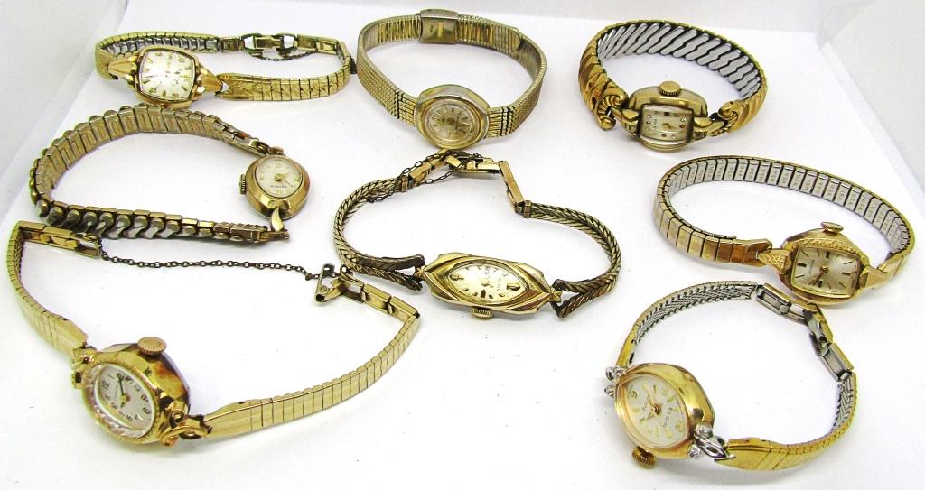 (8) LADIES VINTAGE WRIST WATCHES: BENRUS, BULOVA, WALTHAM, ELGIN, CARAVELLE - UNTESTED AS TO WORKING CONDITION