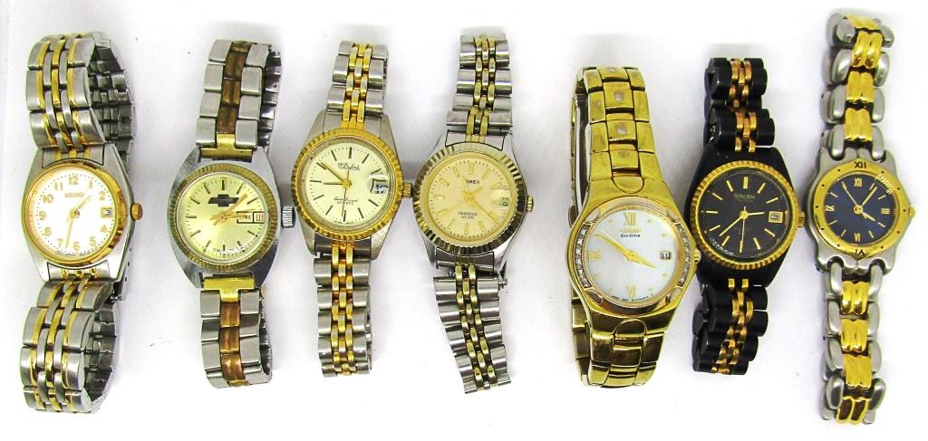 (7) LADIES WORK WATCHES - CHEVROLET,: GRUEN, DUFONTE, CITIZEN, SEIKO, TIMEX, CITIZEN ECO-DRIVE - NICE LOT - UNTESTED AS TO WORKING CONDITION