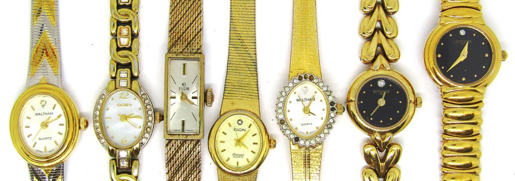 (7) LADIES GOLD TONED WATCHES -(3) ELGIN,: (2) WALTHAM, (2) WITTNAUER, - UNTESTED AS TO WORKING CONDITION - NICE PRE OWNED LOT
