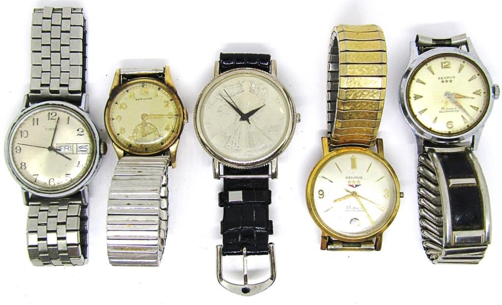 (5) VTG MENS WATCHES - WALKING LIBERTY 50c: (2) BENRUS 25j (1) running - , HAMILTON, TIMEX - UNTESTED AS TO WORKING CONDITION