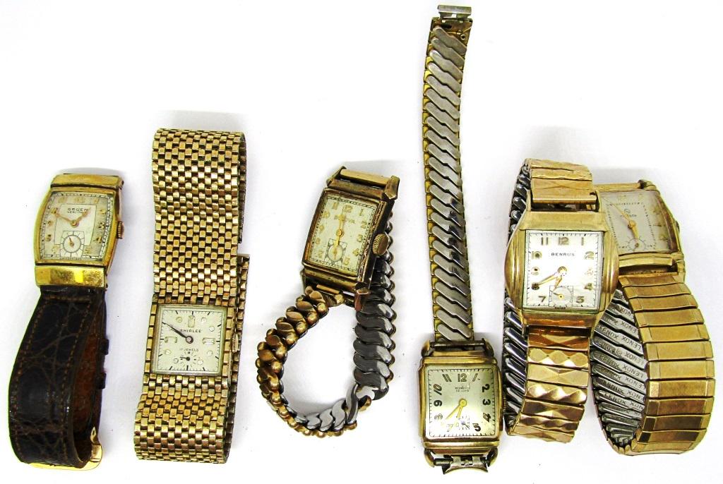 (6) VTG MECHANICAL WATCHES - PARTS / REPAIR: SHIRLEE 17j, MONRACH DE LUX, HELBROS, BENRUS, BULOVA, GRUEN VERI-THIN - ALL FOR PARTS / REPAIR