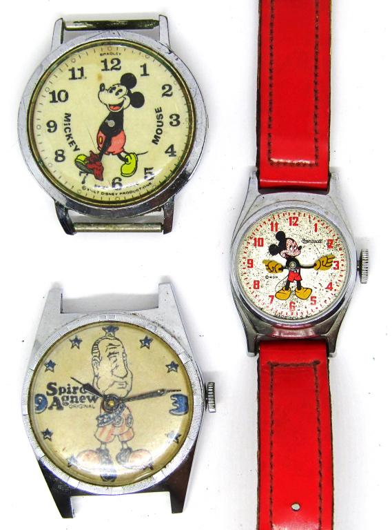 VINTAGE BRADLEY MICKEY MOUSE WATCH FACE: plus INGERSOL MICKEY MOUSE & SPIR AGNEW WATCH - PARTS / REPAIR LOT
