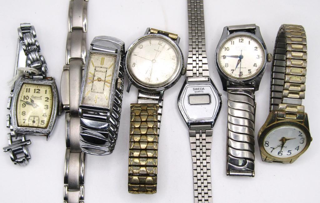 7-VTG MEN'S WRISTWATCHES: TIMEX-SWEDA-: CAPITAL(RUNNING)-INGERSOLL-WESTFIELD & OTHERS! ALL WATCHES UNTESTED/PARTS/REPAIR