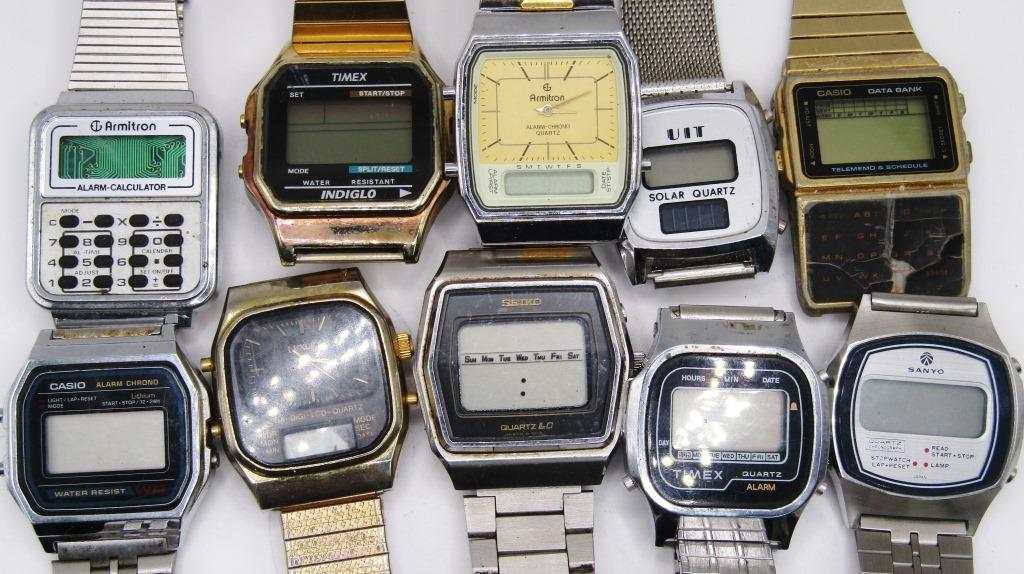 10-VTG MEN'S DIGITAL WRISTWATCHES: SANYO: TIMEX ALARM-SOLAR QUARTZ-ARMITRON ALARM CHRONO-CASIO ALARM CHRONO-ARMITRON-LUXURY-CASIO DATA BANK-SEIKO-TIMEX INDIGLO-ALL WATCHES UNTESTED/PARTS/REPAIR