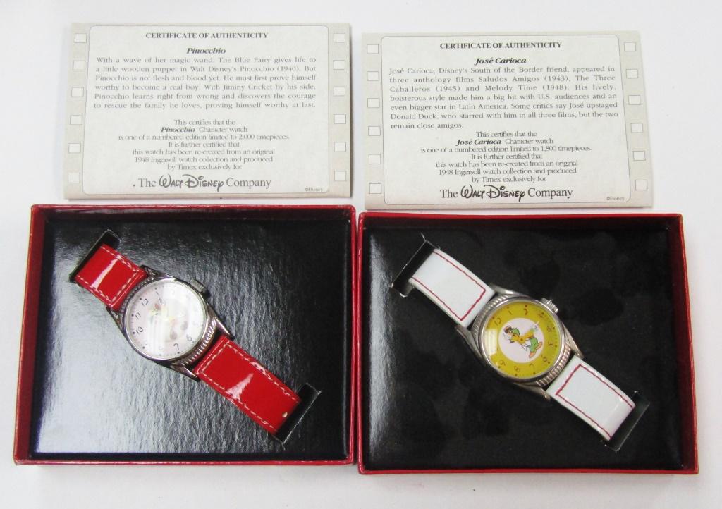 2-TIMEX LE INGERSOLL BIRTHDAY DISNEY WATCHES: 2002 VINTAGE REPRODUCTION- PINOCCHIO &JOSE CARIOCA-BOTH WATCHES UNTESTED