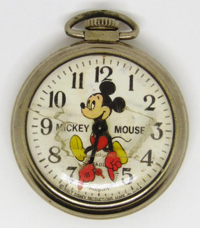 BRADLEY MICKEY MOUSE POCKET WATCH: VTG PIECE - NOT RUNNING - CRACKED CRYSTAL