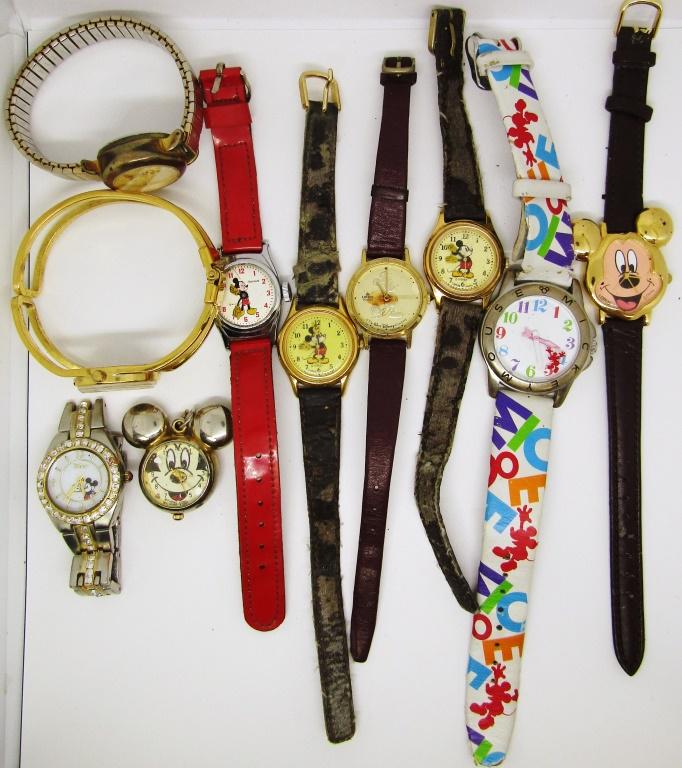 (10) MICKEY MOUSE WATCHES - PARTS/REPAIR: VARIOUS BRANDS / STYLES - UNTESTED LOT - PARTS / REPAIR