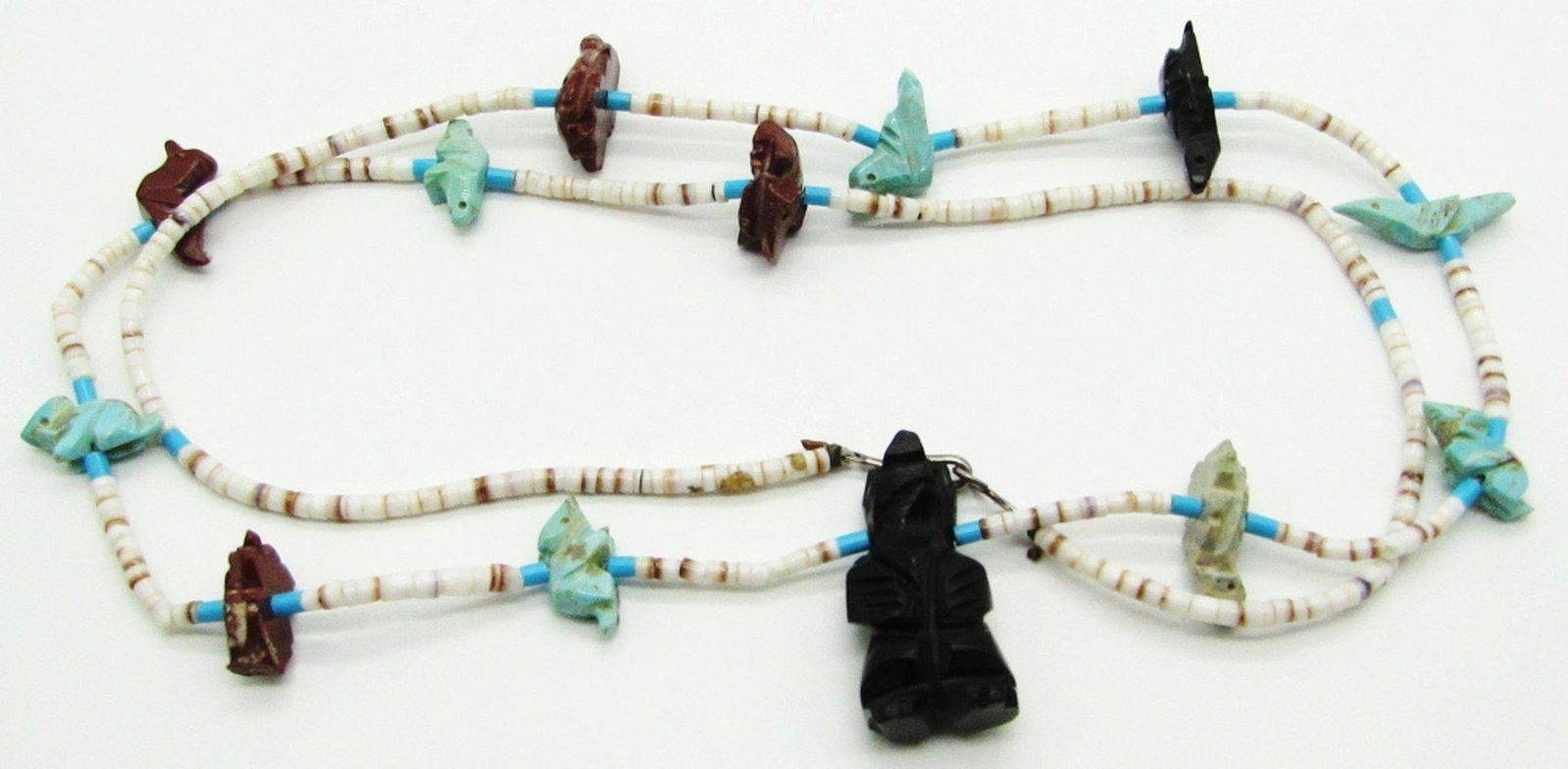 NATURAL CARVED STONE & PUKA SHELL NECKLACE: 28" LONG - BLACK BEAR / TURTLE / DOVES & MORE - STERLING CLASP - 15 dwt