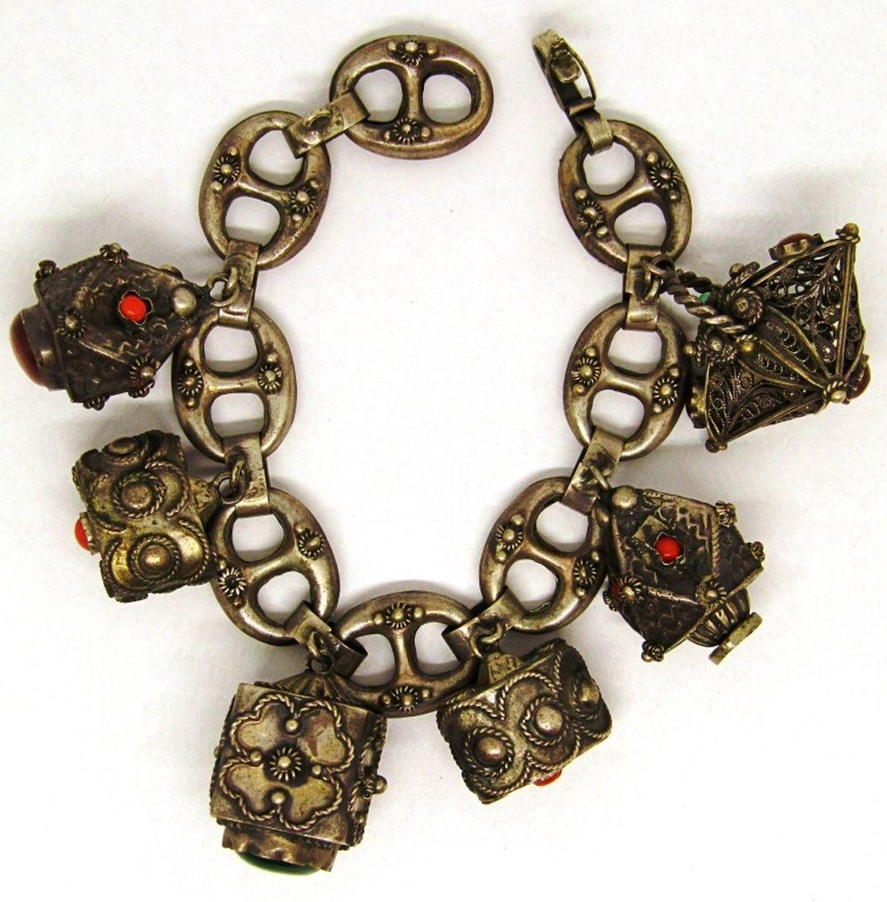 Vintage Chunky SIX-Charm Bracelet in 800 Sterling: MISSING ONE STONE ON BOTTOM OF CHARM, 8" LONG - 32 DWT