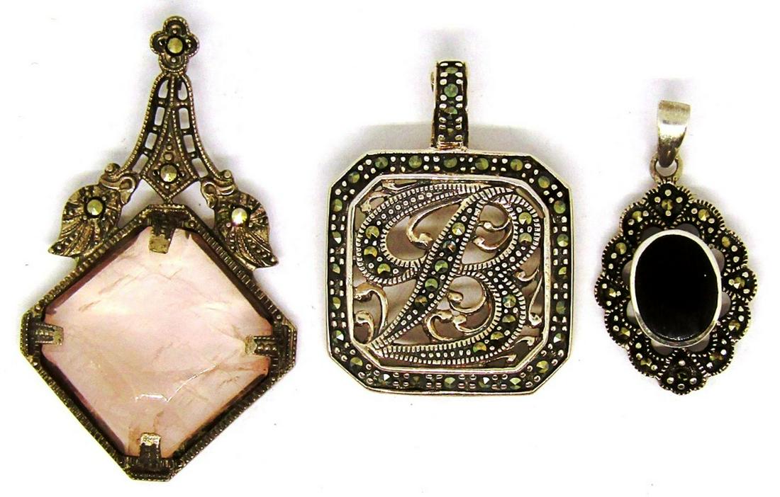 (3) MARCASITE STERLING PENDANTS: (1) "B" INITIAL (1) BLACK ONYX (1) PINK STONE - 11 dwt