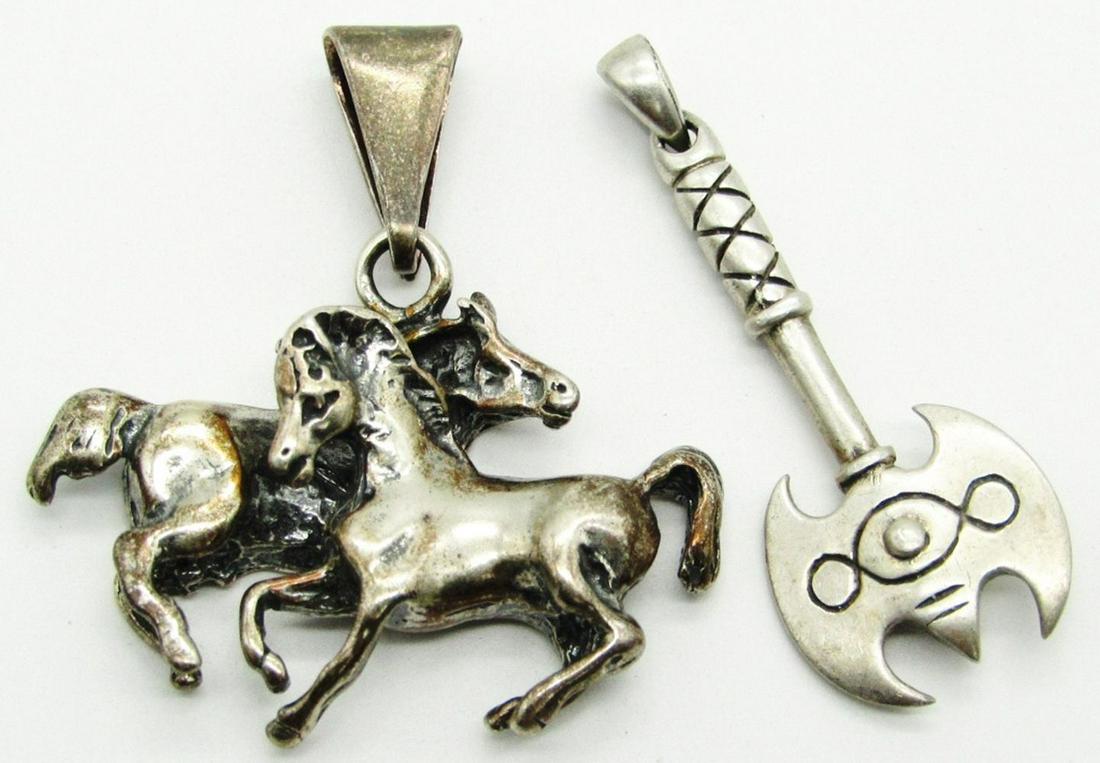 (2) Sterling Silver Pendants; Double Battle Axe, H: Peter Stone Medievel Double Bit Battle Axe Marked 925 PSCL, Double Horses Marked 925 Mexico; Measures 1 1/2 & 1 Inches - Total 11 dwt