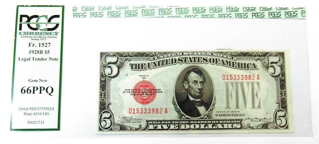1928B $5 RED SEAL U.S. NOTE PCGS 66PPQ (1 of 2)