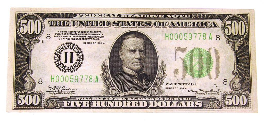 1934A $500 FEDERAL RESERVE NOTE: NICE but HAS PIN HOLES when held up to light