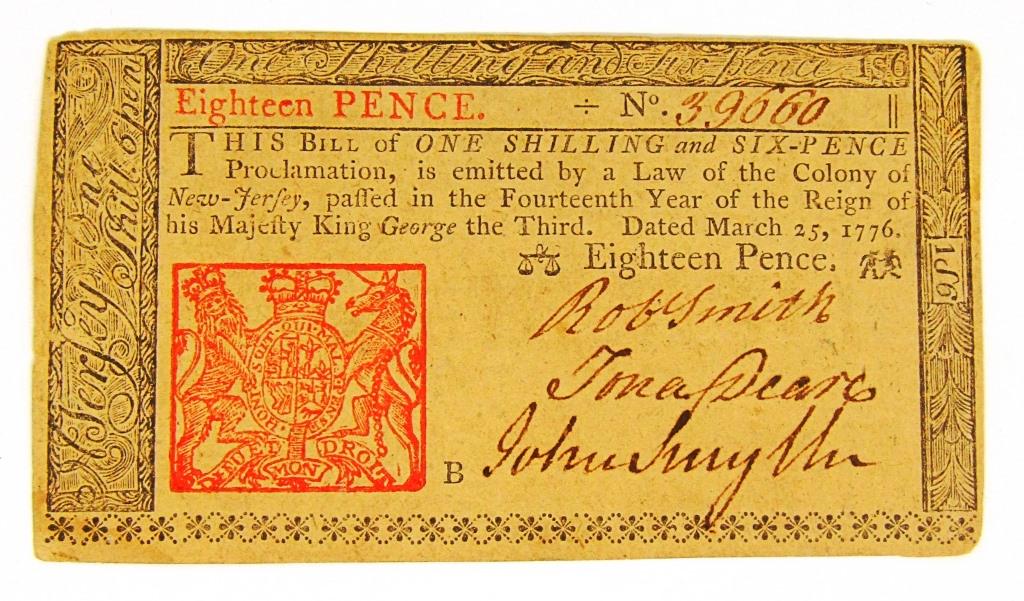 1776 EIGHTEEN PENCE NJ COLONIAL CURRENCY (1 of 2)