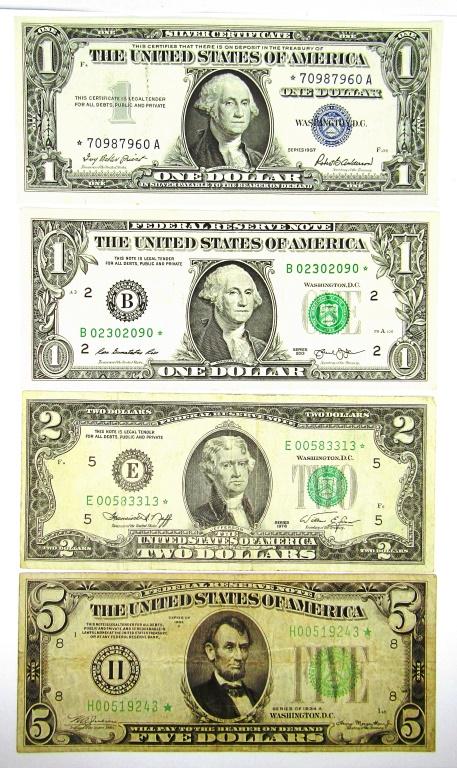 (3) "STAR NOTES" $5 FRN, $1 SILVER CERT, (1 of 2)