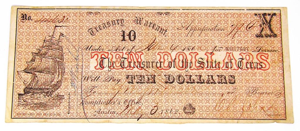 1862 TEXAS TREASURY WARRANT $10.00 (1 of 2)