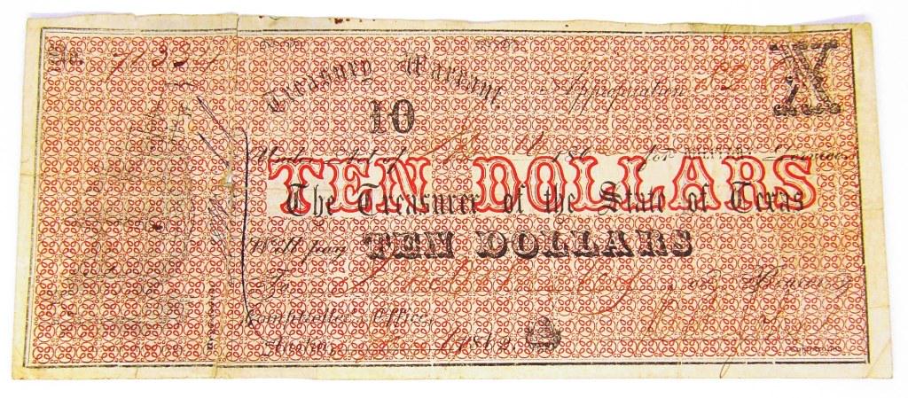 1862 TEXAS TREASURY WARRANT $10.00 (1 of 2)