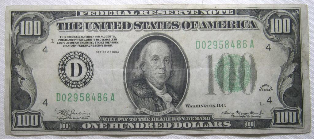 1934 $100 FEDERAL RESERVE NOTE CLEVELAND OH (1 of 2)