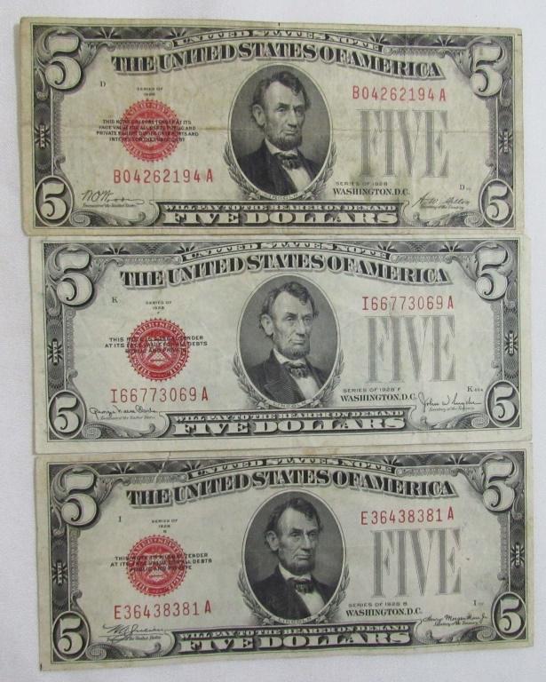 (3) 1928 $5 RED SEAL U.S. NOTES (1 of 2)