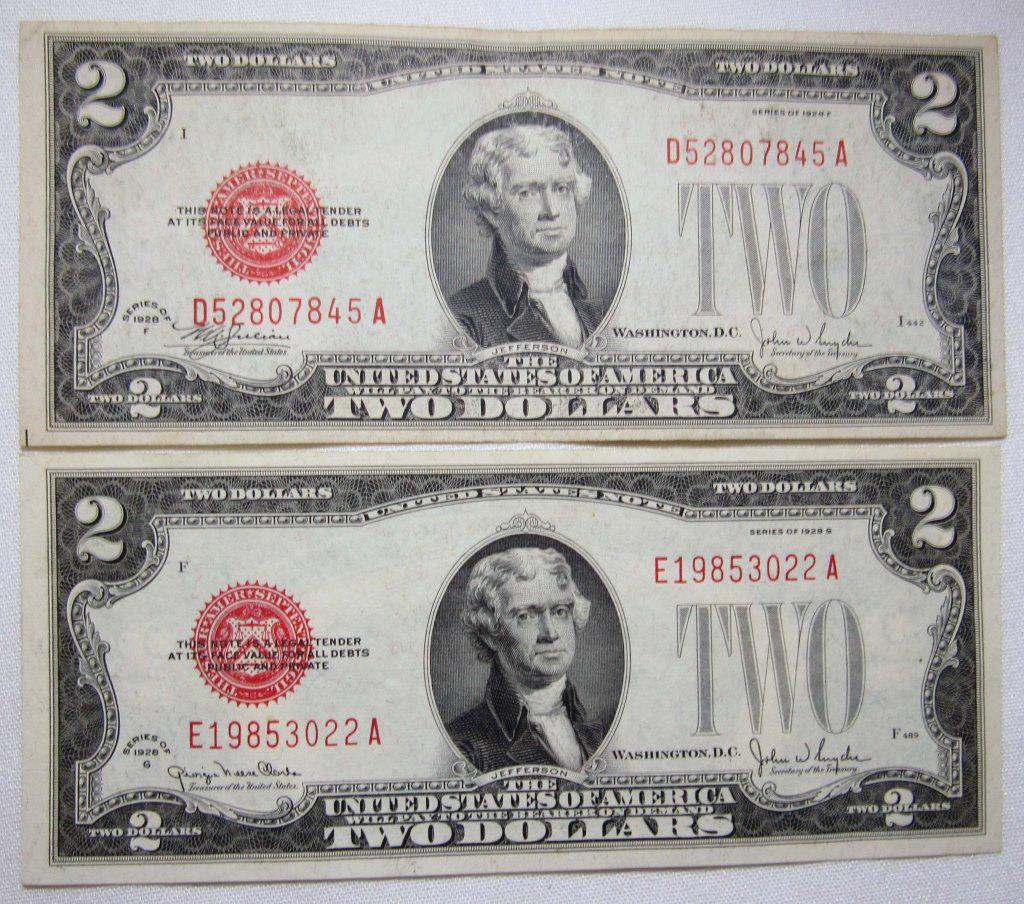 (2) 1928 $2 RED SEAL XF/AU/UNC (1 of 2)