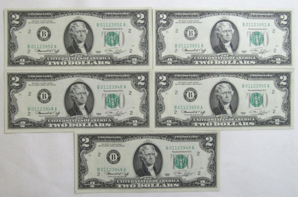 (5) UNC CONSEC # 1976 $2 BICENTENNIAL NOTES (1 of 2)